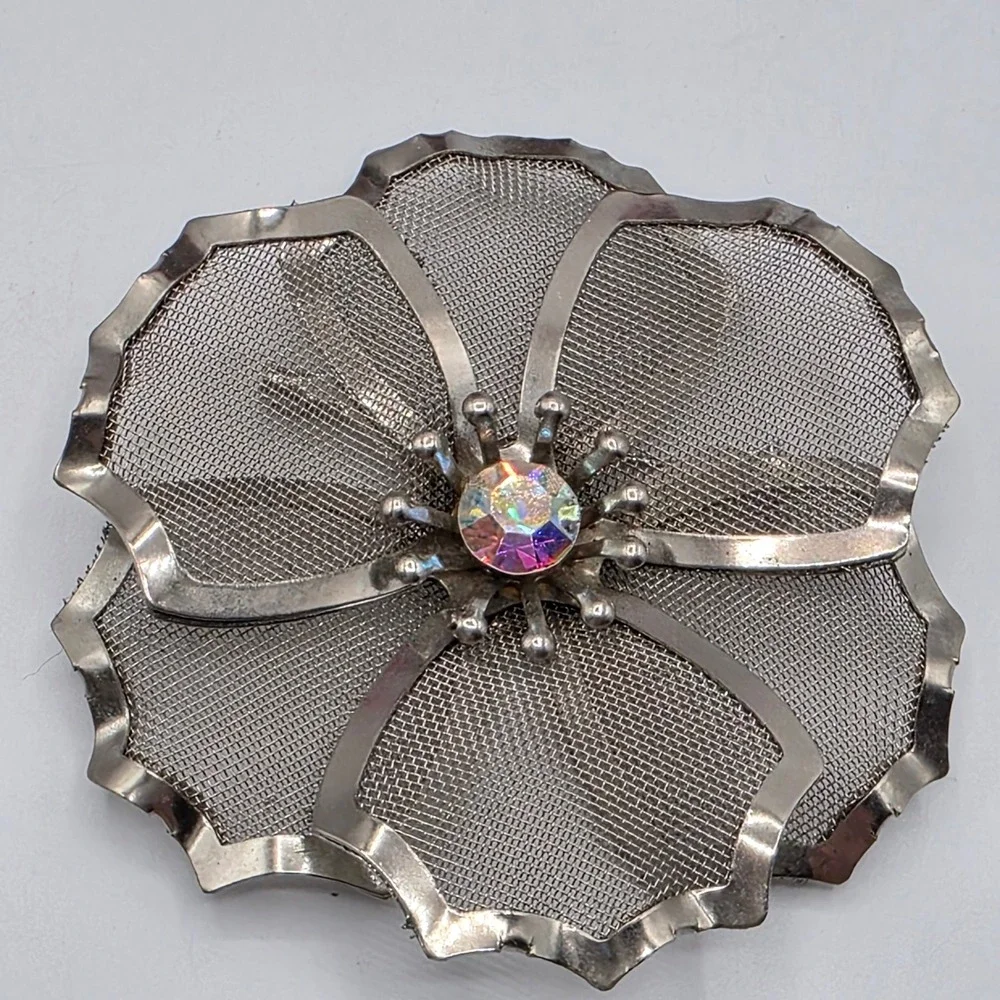 Vintage BED Silver Tone Mesh Flower‎ Brooch Aurora Borealis AB Rhinestone Pin
